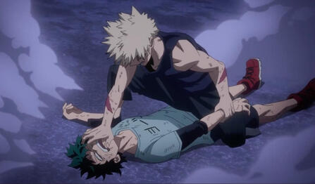 A screenshot from an episode of My Hero Academia, where Bakugo is pinning down Midoriya after a fight
