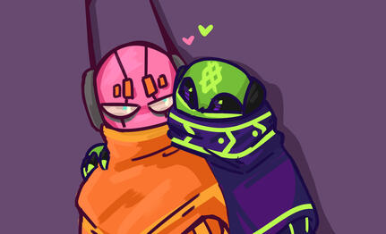 Rain World ship art by ghospectr on Tumblr, showing No Significant Harassment (green) hugging Five Pebbles (pink)