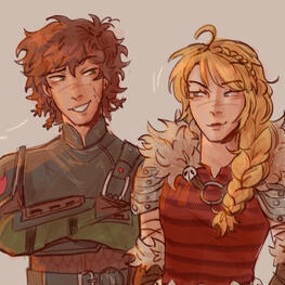 How To Train Your Dragon ship art by kobrafangs on Tumblr, showing Hiccup and Astrid cheekily smiling at each other.