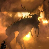 The monster from the movie "The Ritual", standing in front of a house fire.