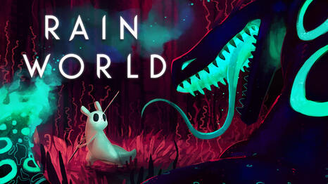 Box art for Rain World, showing the protagonist slugcat facing a cyan lizard enemy