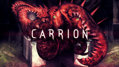 Box art for Carrion, showing the stylized title in front of the protagonist flesh monster