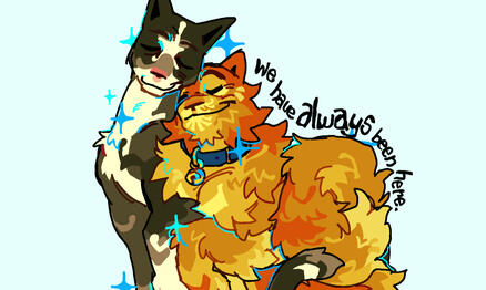 Warrior Cats ship art by digitaldogpark on Tumblr, showing Tallstar (black and white) and Jake (orange with collar) rubbing their heads together.