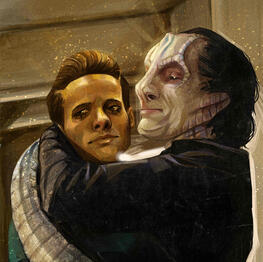 Star Trek ship art by kseniayahz on Tumblr, showing Garak hugging Bashir with his tail.