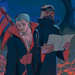 Naruto ship art by tifon666 on Tumblr, showing Kakuzu guiding Hidan through a field of spider lilies.