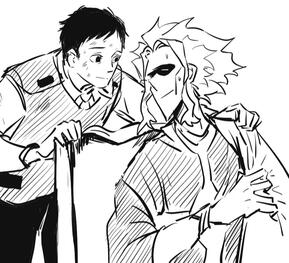 My Hero Academia ship art by mogamoka on Tumblr, showing Detective Tsukauchi putting a blanket on All Might.