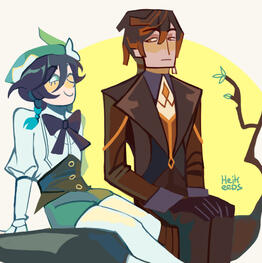 Genshin Impact ship art by keikeeds on Tumblr, showing Venti and Zhongli sitting next to each other.