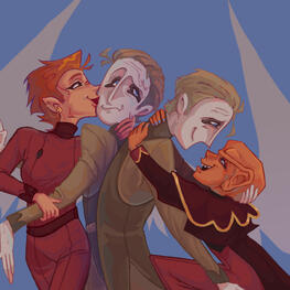 Star Trek ship art by latinumenthusiast on Tumblr, showing Kira kissing Odo next to Odo and Quark dancing.