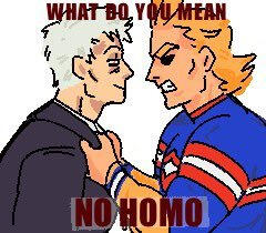 My Hero Academia ship art by mishori-o on Tumblr, showing All Might grabbing All For One's shirt. Text reads: "What do you mean, no homo?"