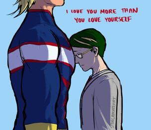 My Hero Academia ship art by stingrachelmha on Tumblr, showing Nighteye leaning his head on All Might's chest. Text reads: "I love you more than you love yourself."