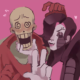 Undertale ship art by kviff on Tumblr, showing Papyrus flustered while Mettaton holds his lower jaw.