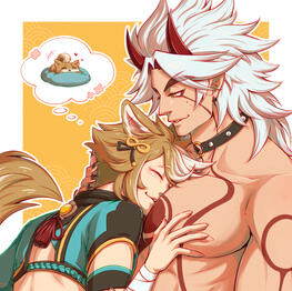 Genshin Impact ship art by yocchan-art on Twitter, showing Gorou resting his head on Itto's pecs.