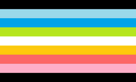 Queer Flag A rectangular flag with nine equal-width horizontal stripes: black, baby blue, sky blue, lime, white, gold, salmon pink, baby pink, and black.